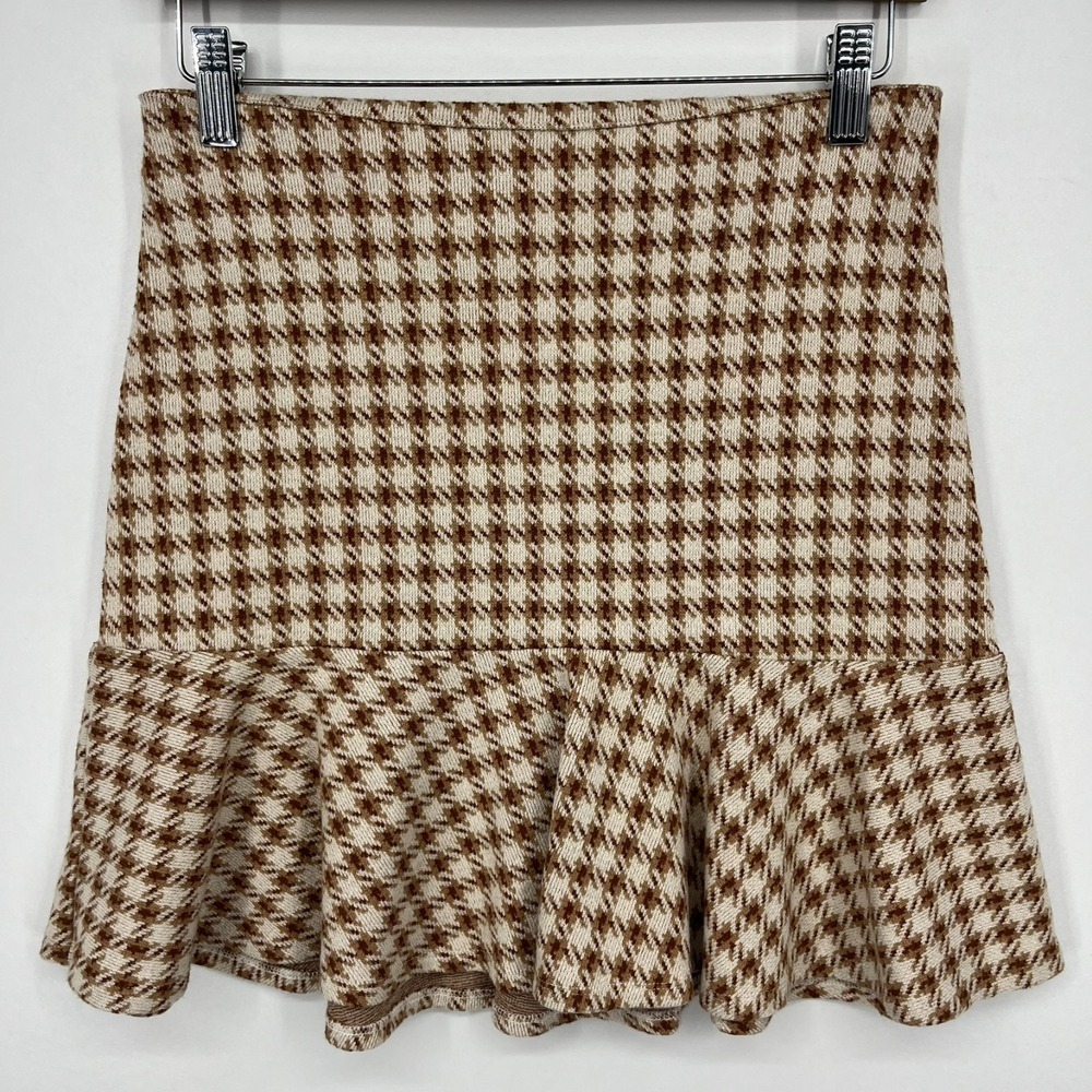 Sadie‎ & Sage Mini Skirt Women's Size M Brown Back Zip Ruffle Houndstooth